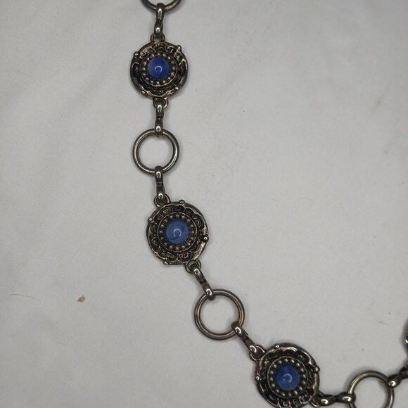 Gypsy Boho 80s Runway Statement Belt Silver Metal Discs Blue Stones 29-40" Waist - Picture 4 of 6